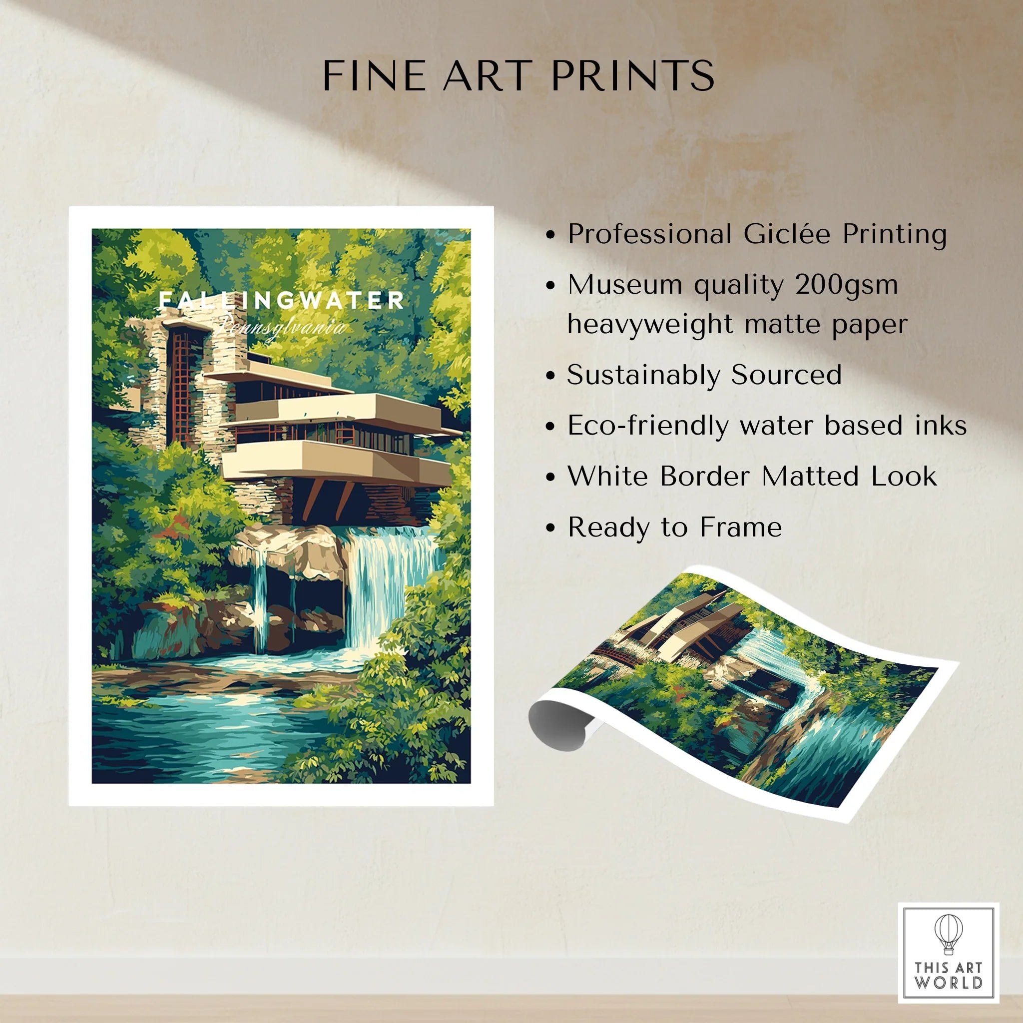 Fallingwater Pennsylvania fine art print, modern architecture over waterfall, ready to frame wall decor