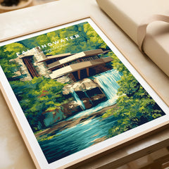 Framed Fallingwater Pennsylvania travel poster art print with waterfall and forest, ideal for home decor