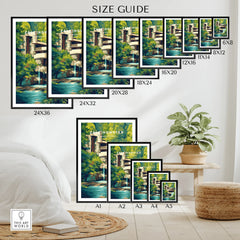 Fallingwater Pennsylvania art print size guide for wall decor, available in multiple dimensions
