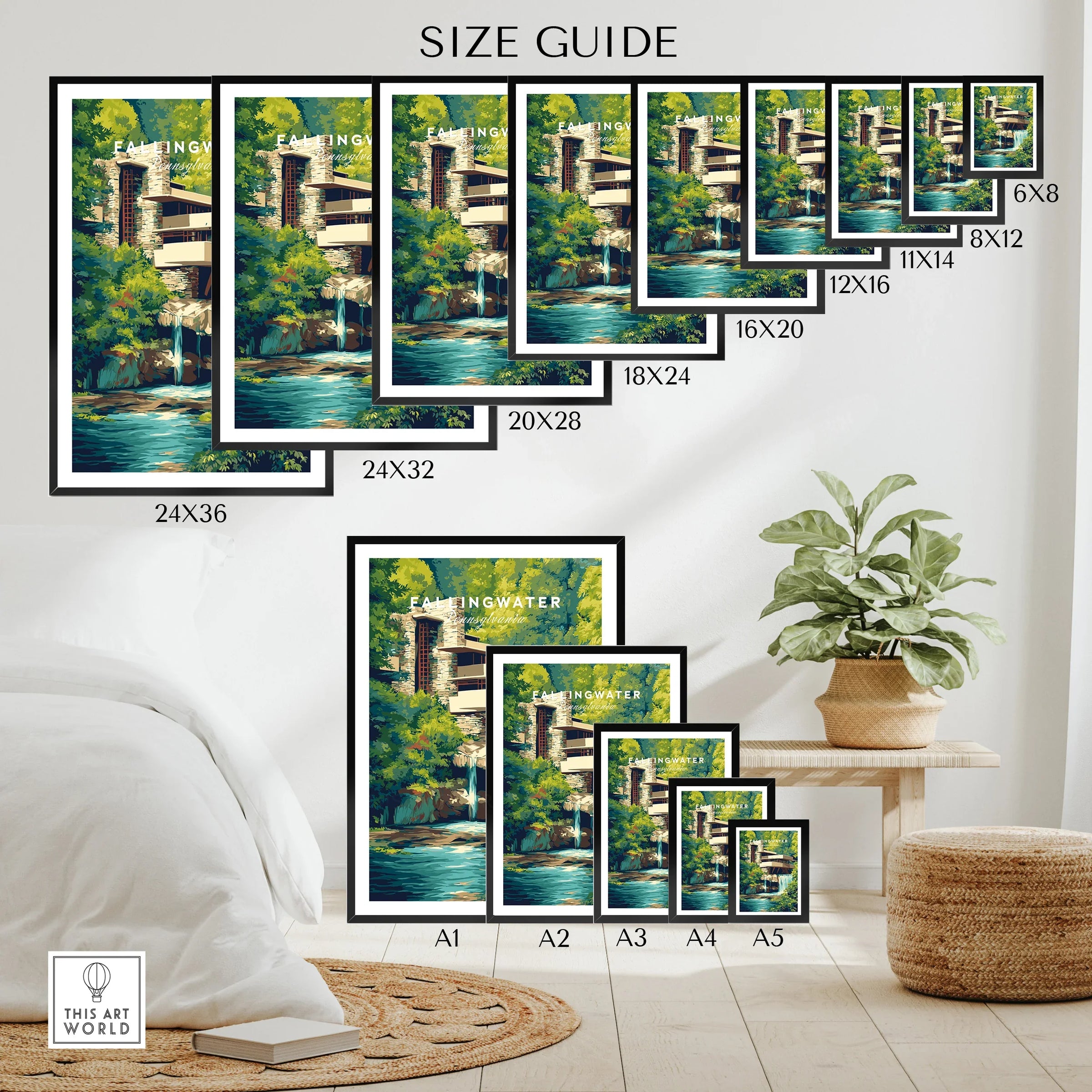 Fallingwater Pennsylvania art print size guide for wall decor, available in multiple dimensions