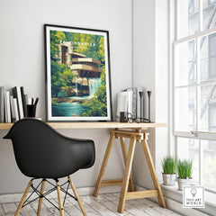 Framed Fallingwater Pennsylvania travel poster art print on modern desk, ideal for home decor