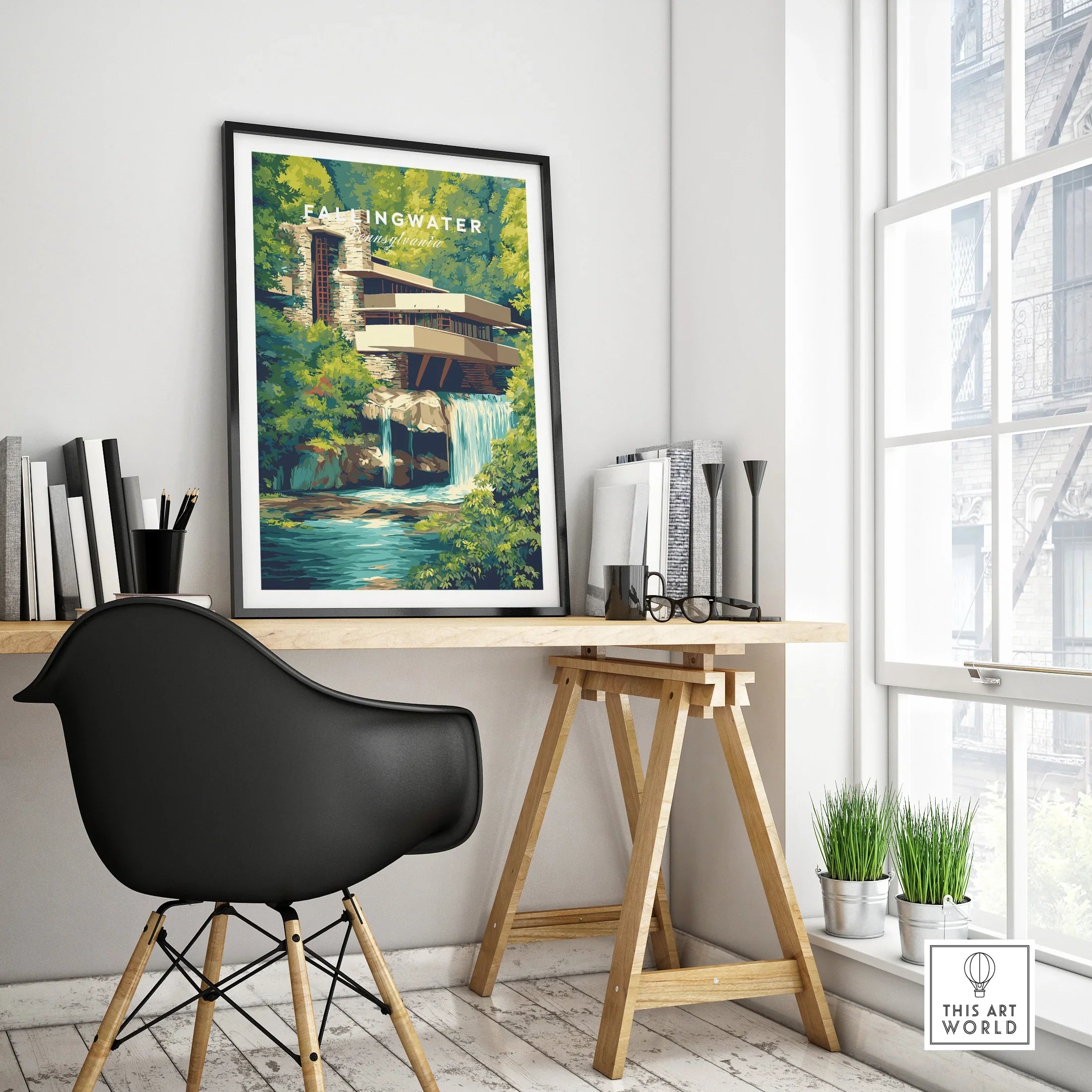 Framed Fallingwater Pennsylvania travel poster art print on modern desk, ideal for home decor