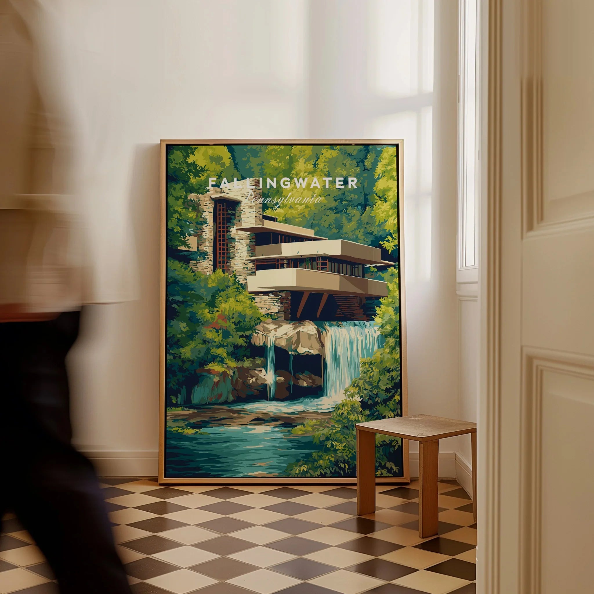 Fallingwater Pennsylvania travel poster art print, modern architecture wall decor with waterfall and forest scenery