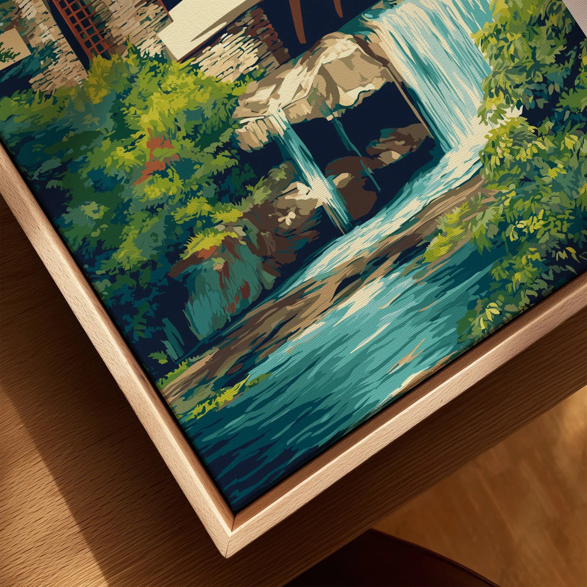 Framed nature art print with waterfall, river, and lush greenery for home decor wall art