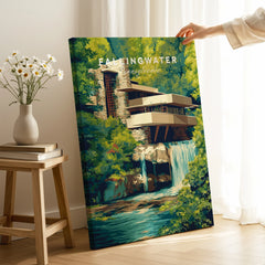 Fallingwater Pennsylvania travel poster art print with modern architecture and waterfall, ideal wall decor