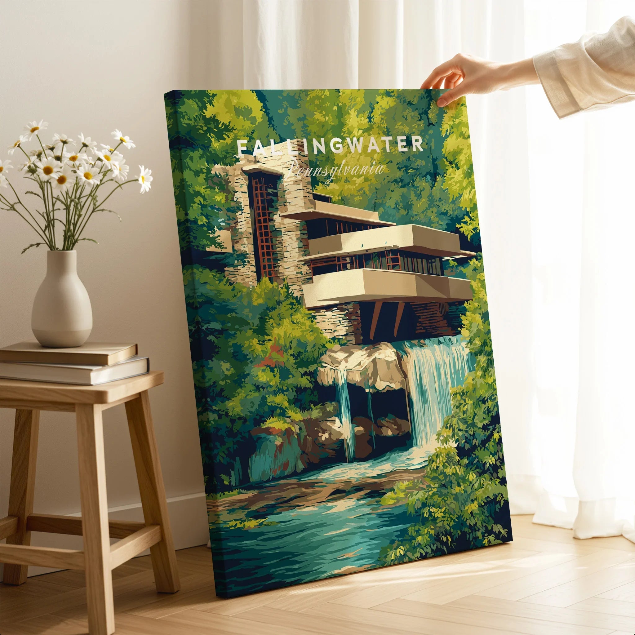 Fallingwater Pennsylvania travel poster art print with modern architecture and waterfall, ideal wall decor
