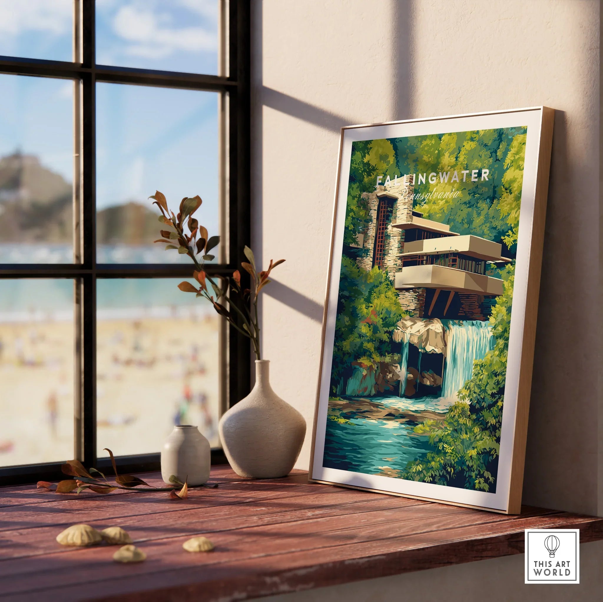 Framed Fallingwater Pennsylvania travel poster art print with waterfall, perfect for home decor wall art