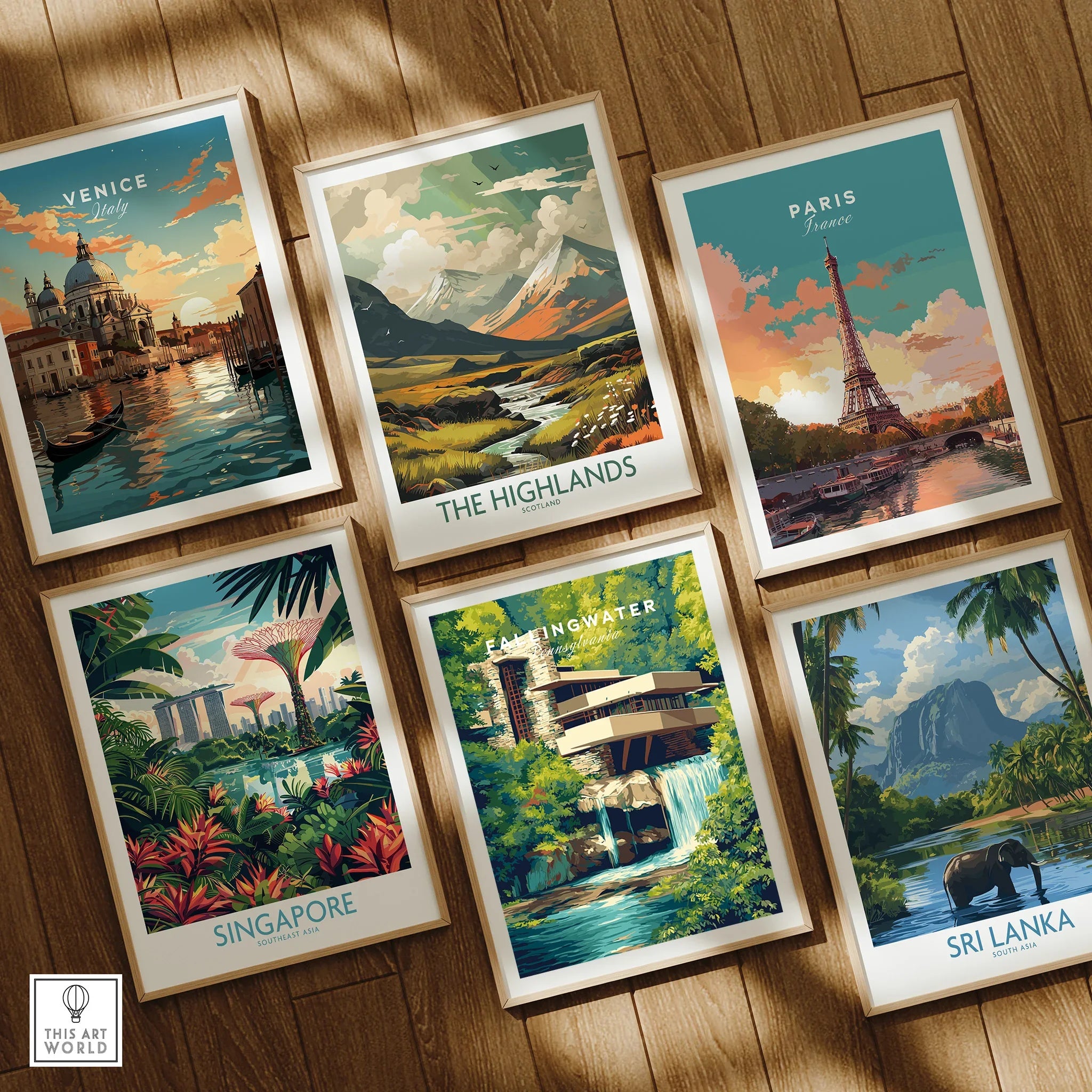 Framed travel posters of Venice, Paris, Scotland Highlands, Singapore, Fallingwater, and Sri Lanka on wood wall