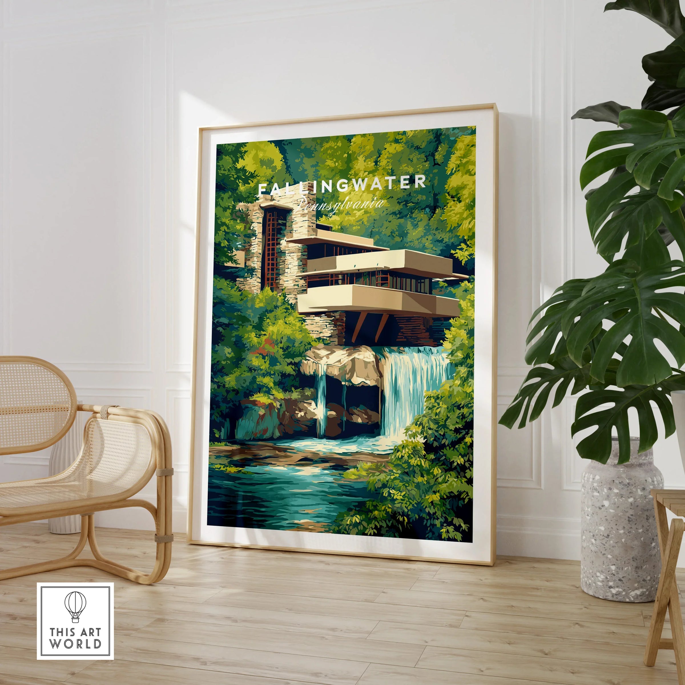 Fallingwater Pennsylvania travel poster art print, modern home decor with waterfall & forest scene