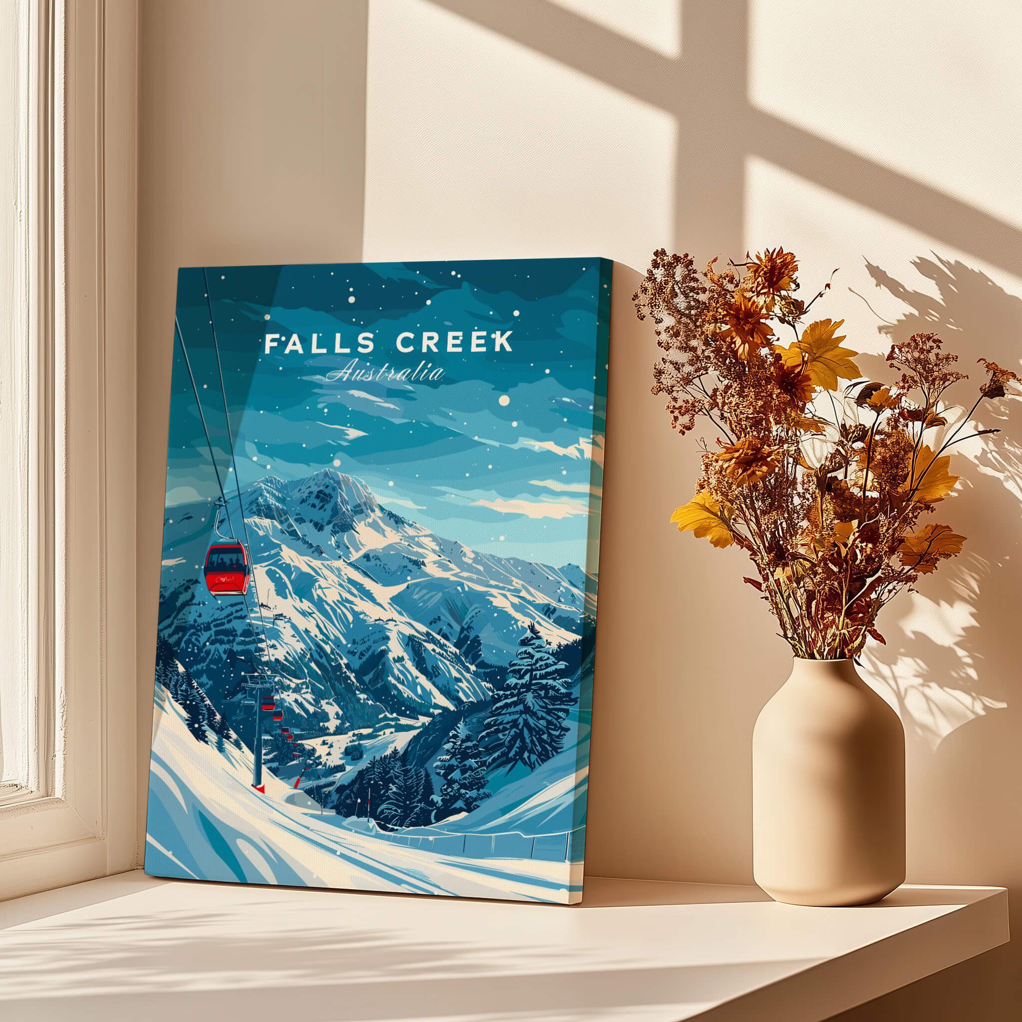 Falls Creek Travel Poster - Australia featuring a stunning ski scene and panoramic mountain views.