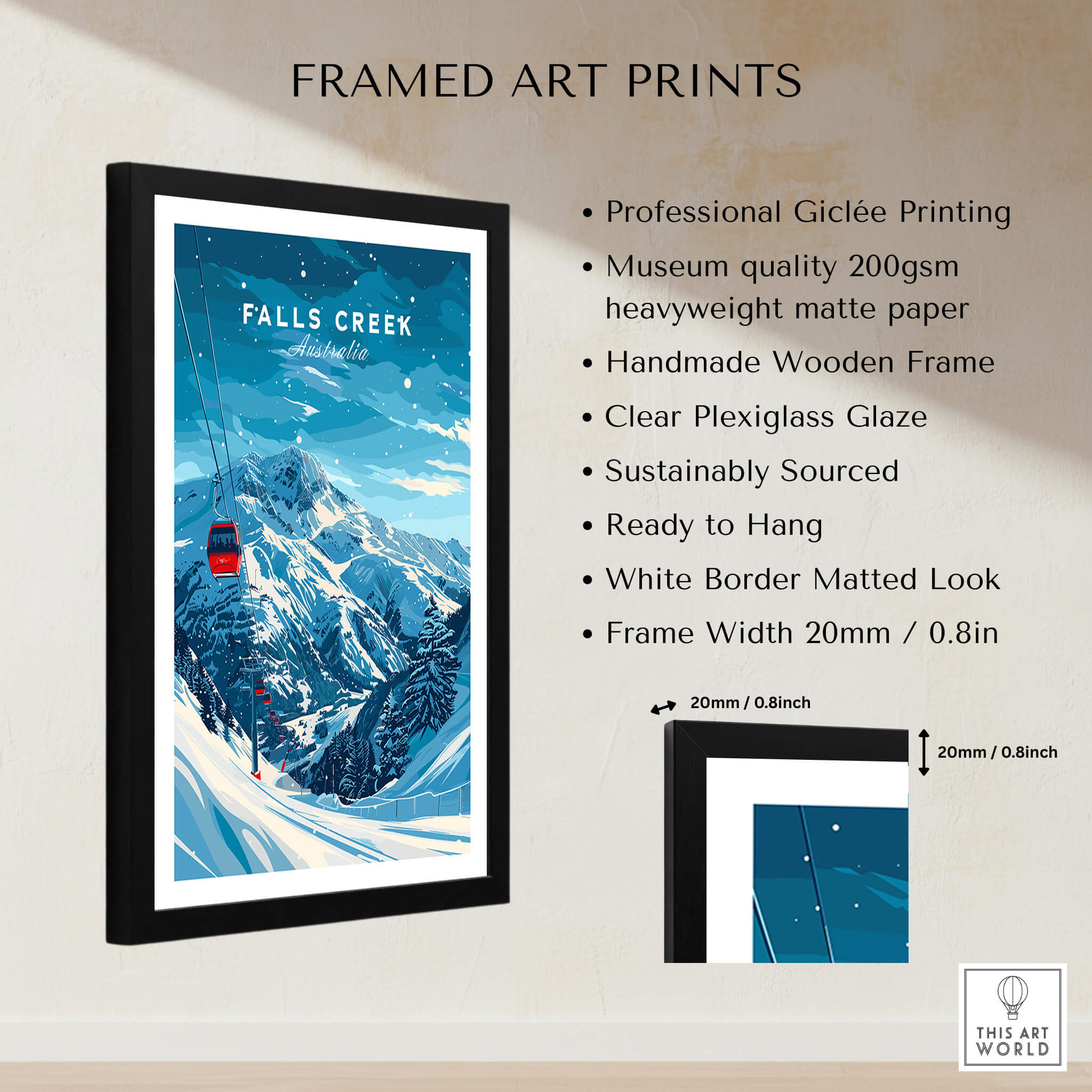 Falls Creek Travel Poster - Australia framed art print showcasing ski slopes and mountain views.
