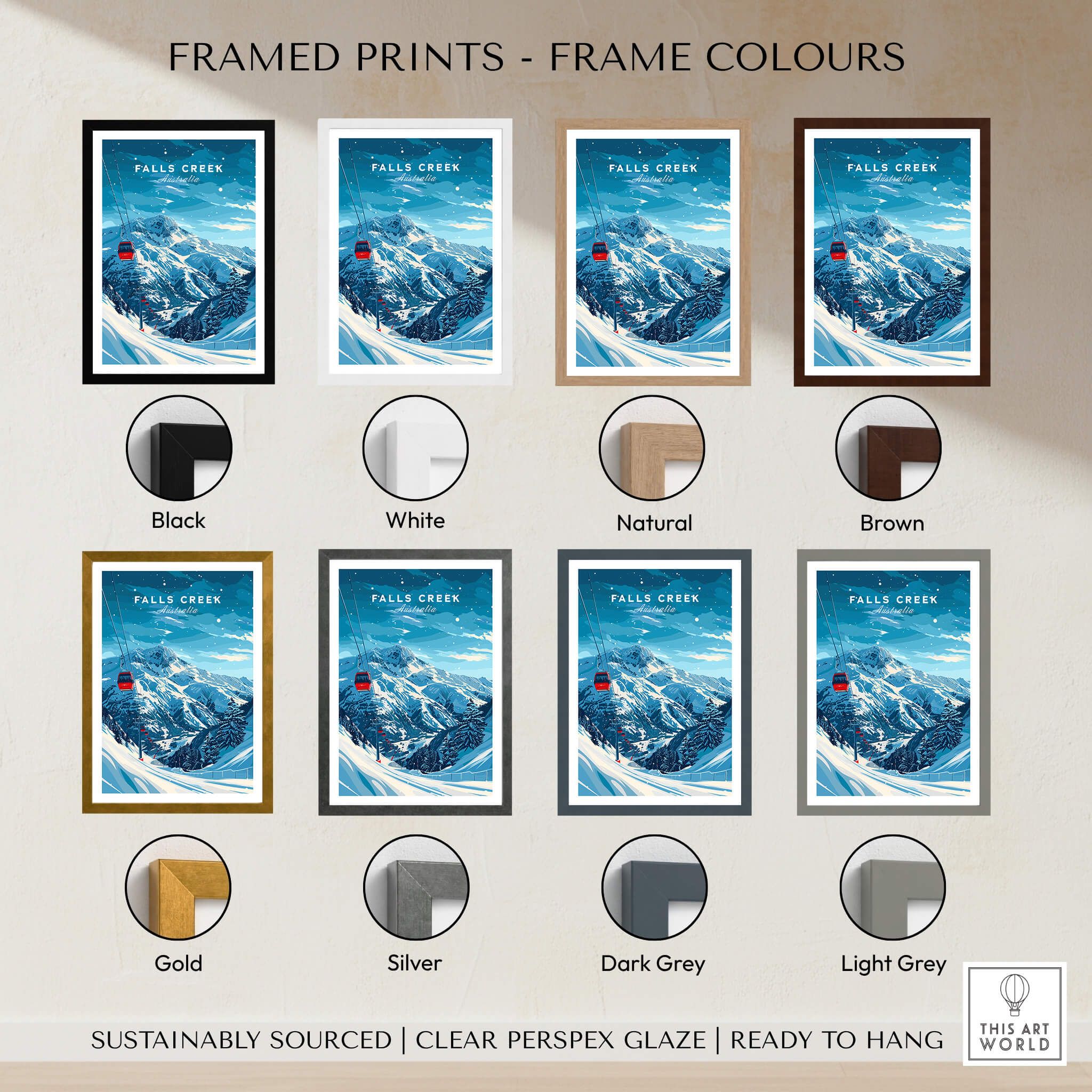 Falls Creek Travel Poster - Australia framed prints options in various colors including black, white, natural, brown, gold, silver, dark grey, light grey