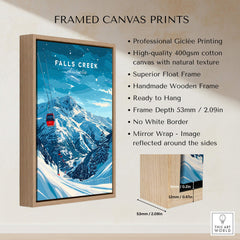 Falls Creek Travel Poster - Australia in a framed canvas print showcasing stunning ski slopes and a wooden frame.