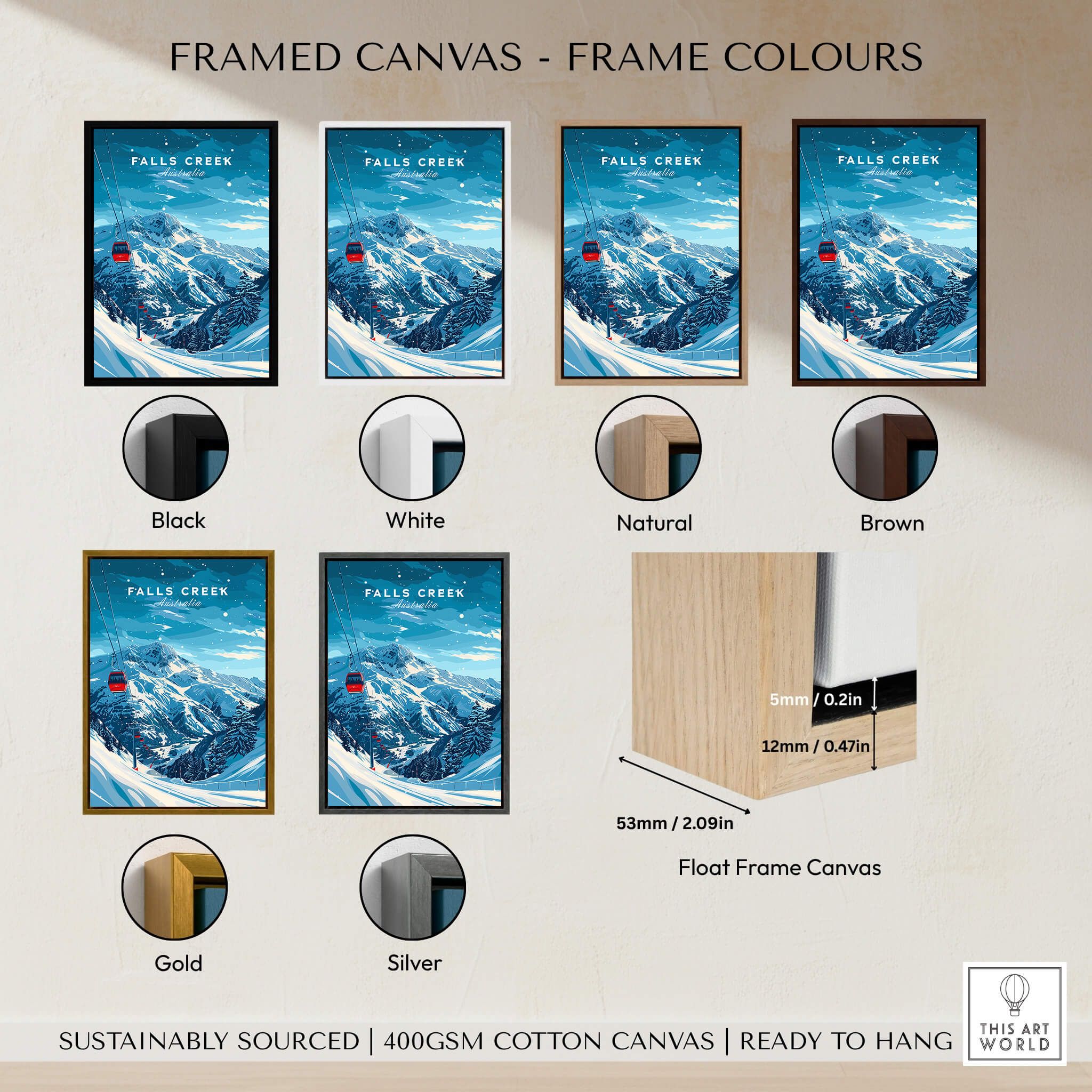Framed canvas color options for Falls Creek Travel Poster - Australia showcasing various frame styles.