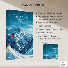 Falls Creek Travel Poster - Australia displayed as a canvas print, emphasizing snow-covered mountains and ski lift.