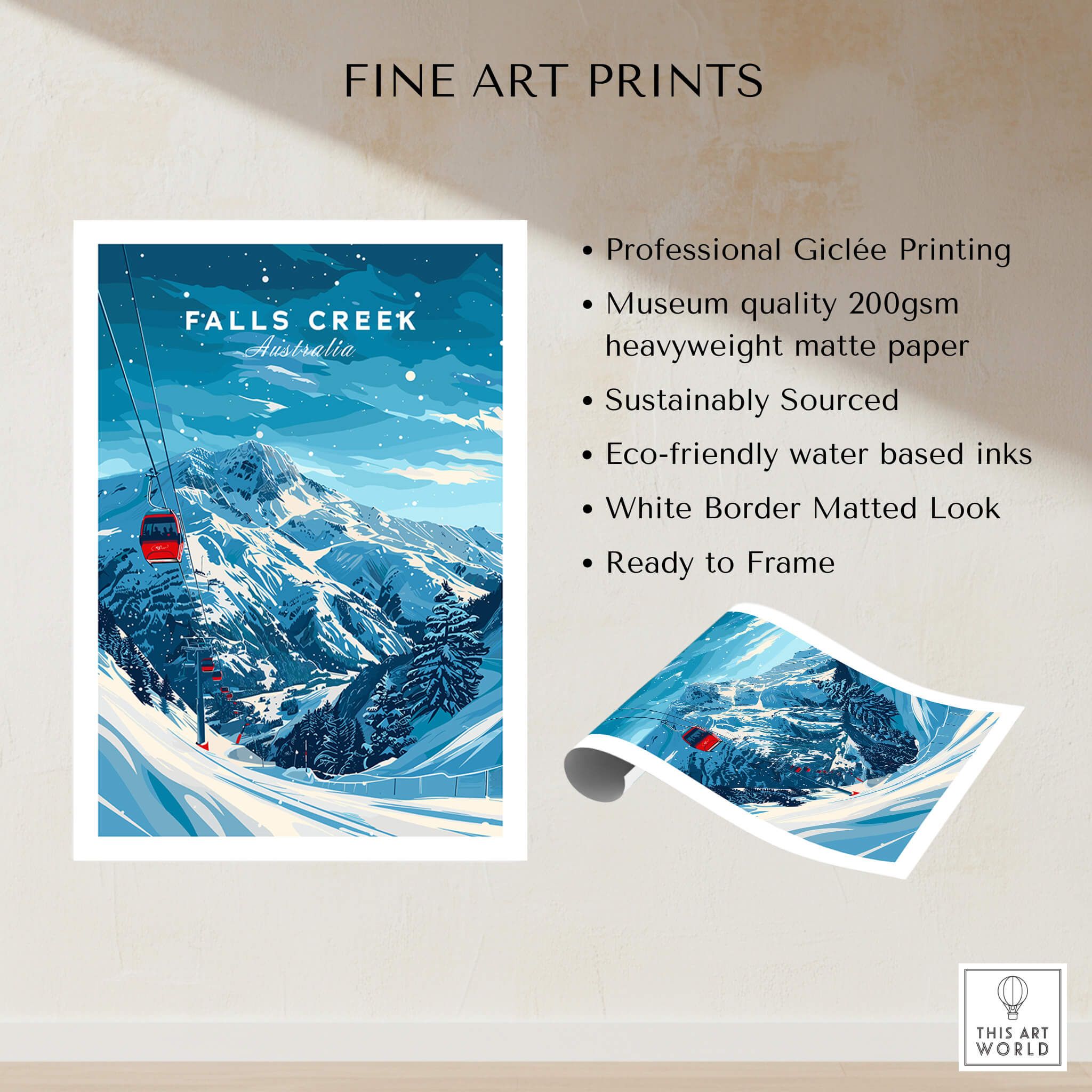Falls Creek Travel Poster - Australia showcasing stunning ski slopes and a gondola in a vibrant winter landscape.