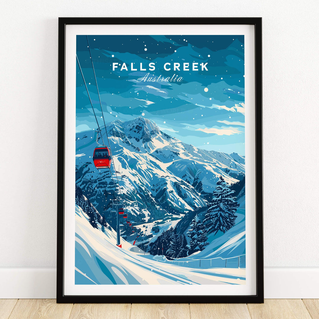 Falls Creek Travel Poster - Australia featuring a ski slope and gondola in a stunning snowy landscape.