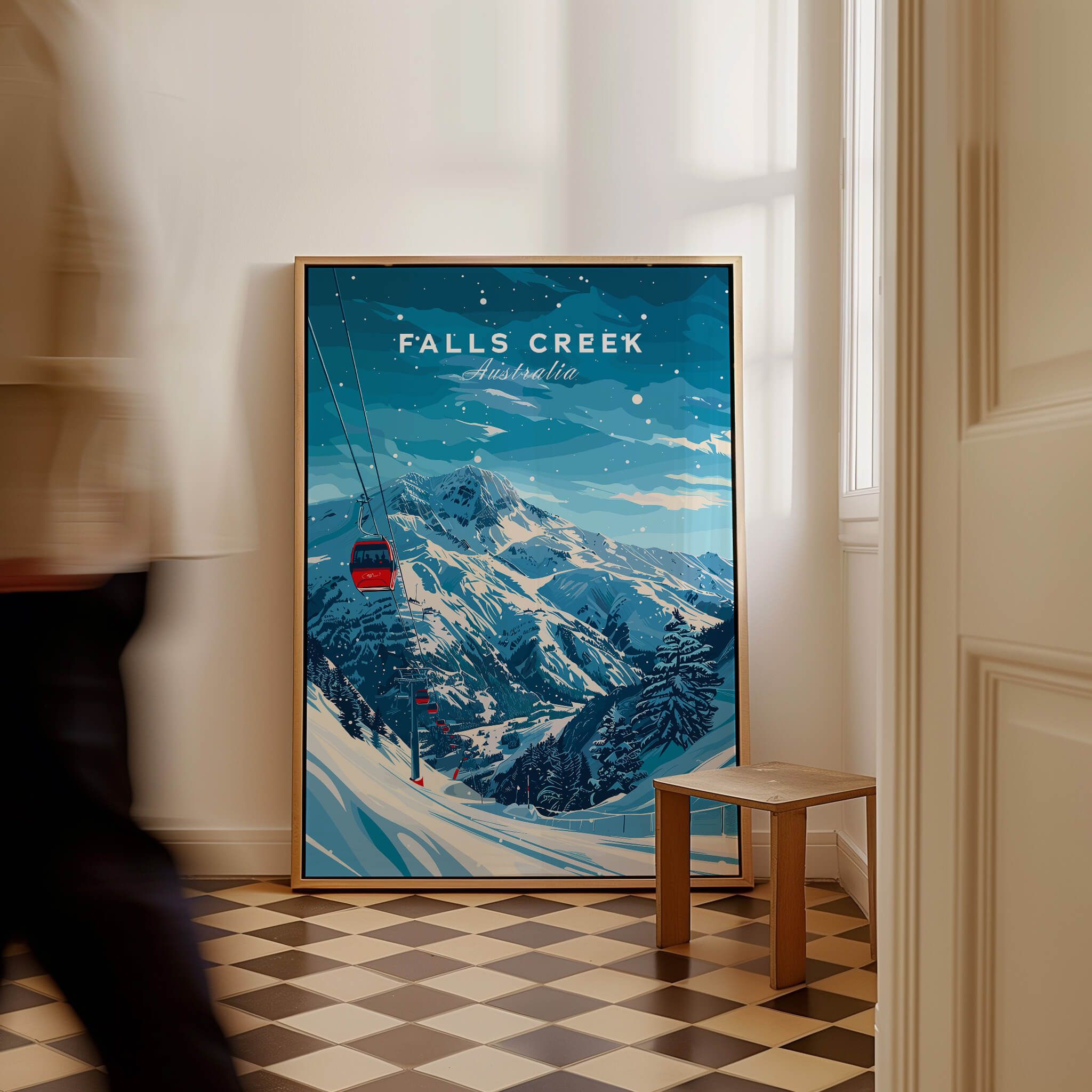 Falls Creek Travel Poster - Australia featuring snow-covered slopes and a ski lift in a stylish interior