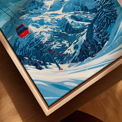 Falls Creek Travel Poster - Australia showcasing scenic ski slopes and a red gondola in winter landscape.