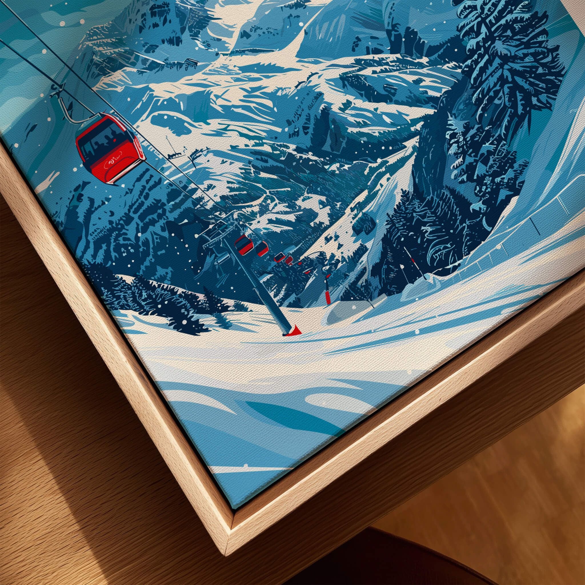 Falls Creek Travel Poster - Australia showcasing scenic ski slopes and a red gondola in winter landscape.