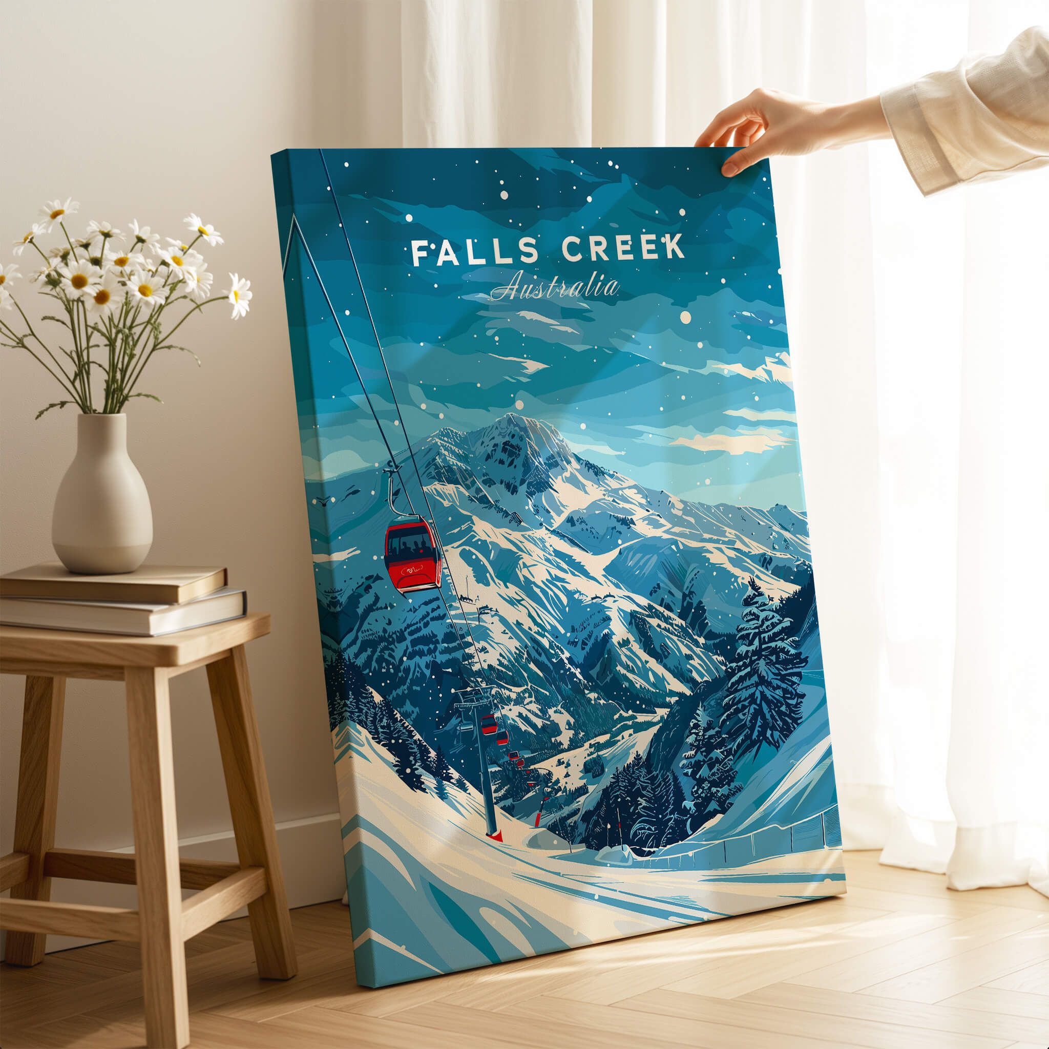 Falls Creek Travel Poster - Australia featuring a stunning ski scene with a gondola and snow-covered mountains.