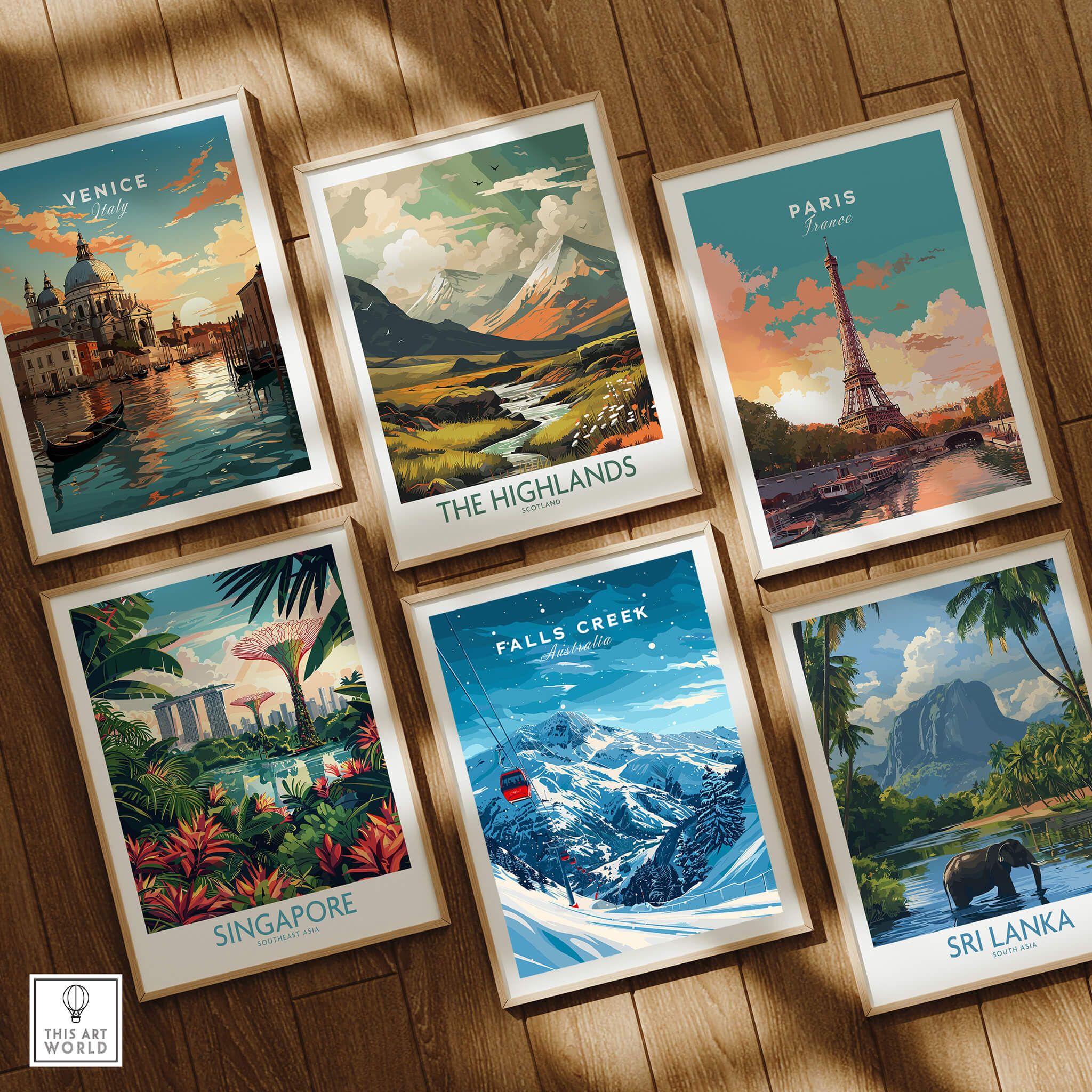 Falls Creek Travel Poster - Australia featured among travel posters of Venice, The Highlands, Paris, Singapore, and Sri Lanka.