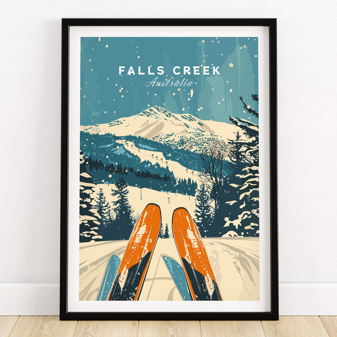 Falls Creek Wall Art featuring a vibrant ski scene with mountains and a snowy landscape.