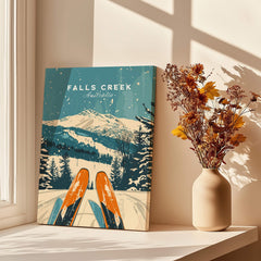 Falls Creek Wall Art showcasing a beautiful ski scene with snow-covered mountains in a stylish interior setting.
