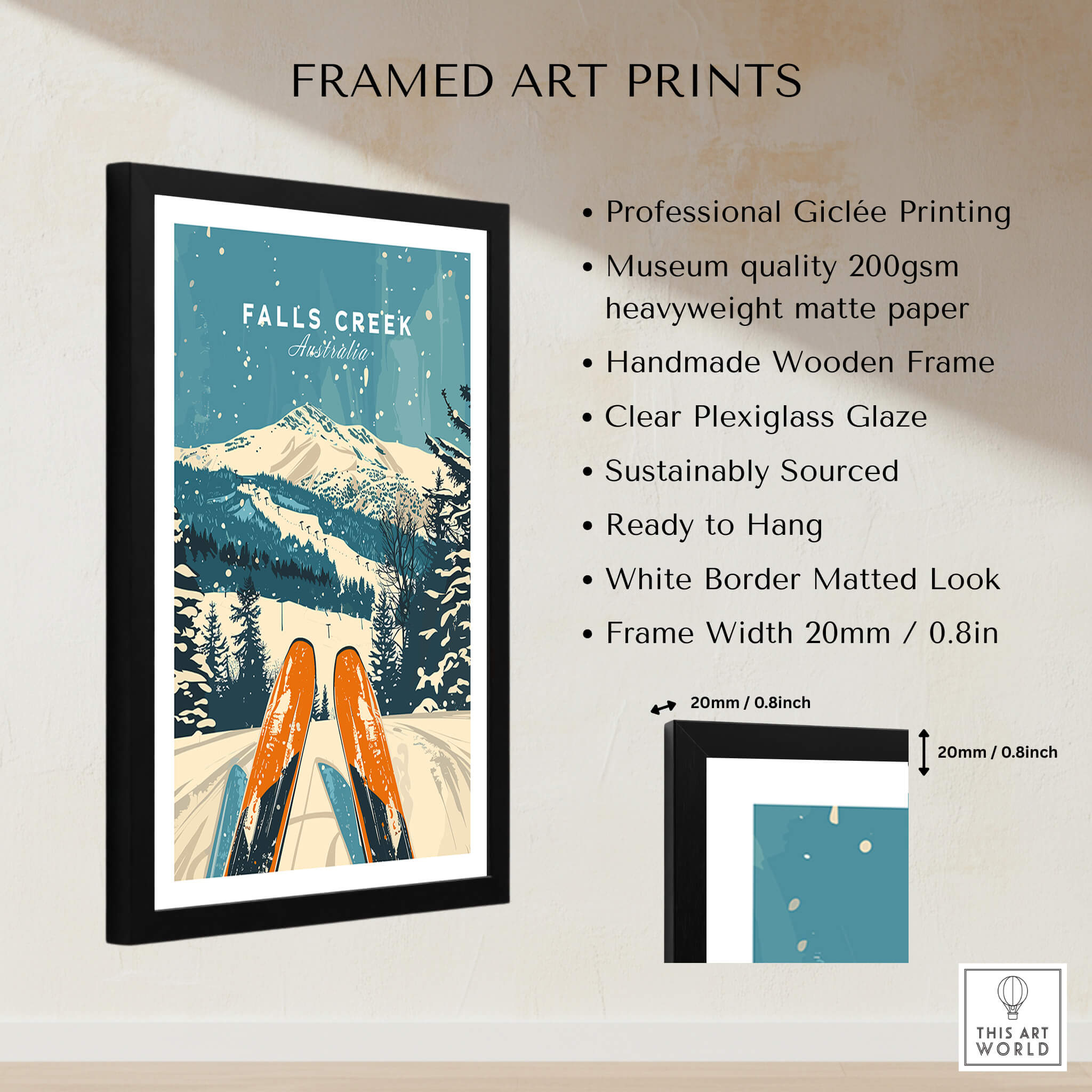 Falls Creek Wall Art framed print showcasing skiing in winter mountains with wooden frame and professional giclée printing.