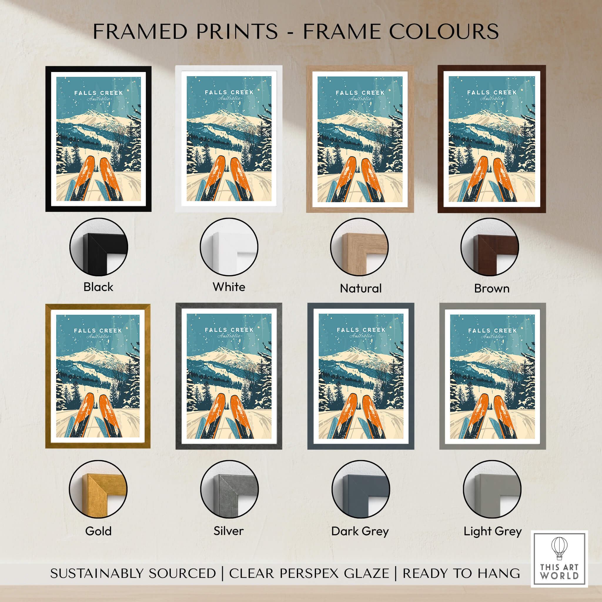 Falls Creek Wall Art displayed in various frame colors: Black, White, Natural, Brown, Gold, Silver, Dark Grey, Light Grey.