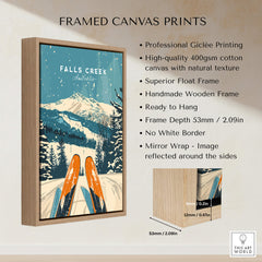 Framed canvas print of Falls Creek Wall Art featuring a ski scene, ready to hang with a handmade wooden frame.