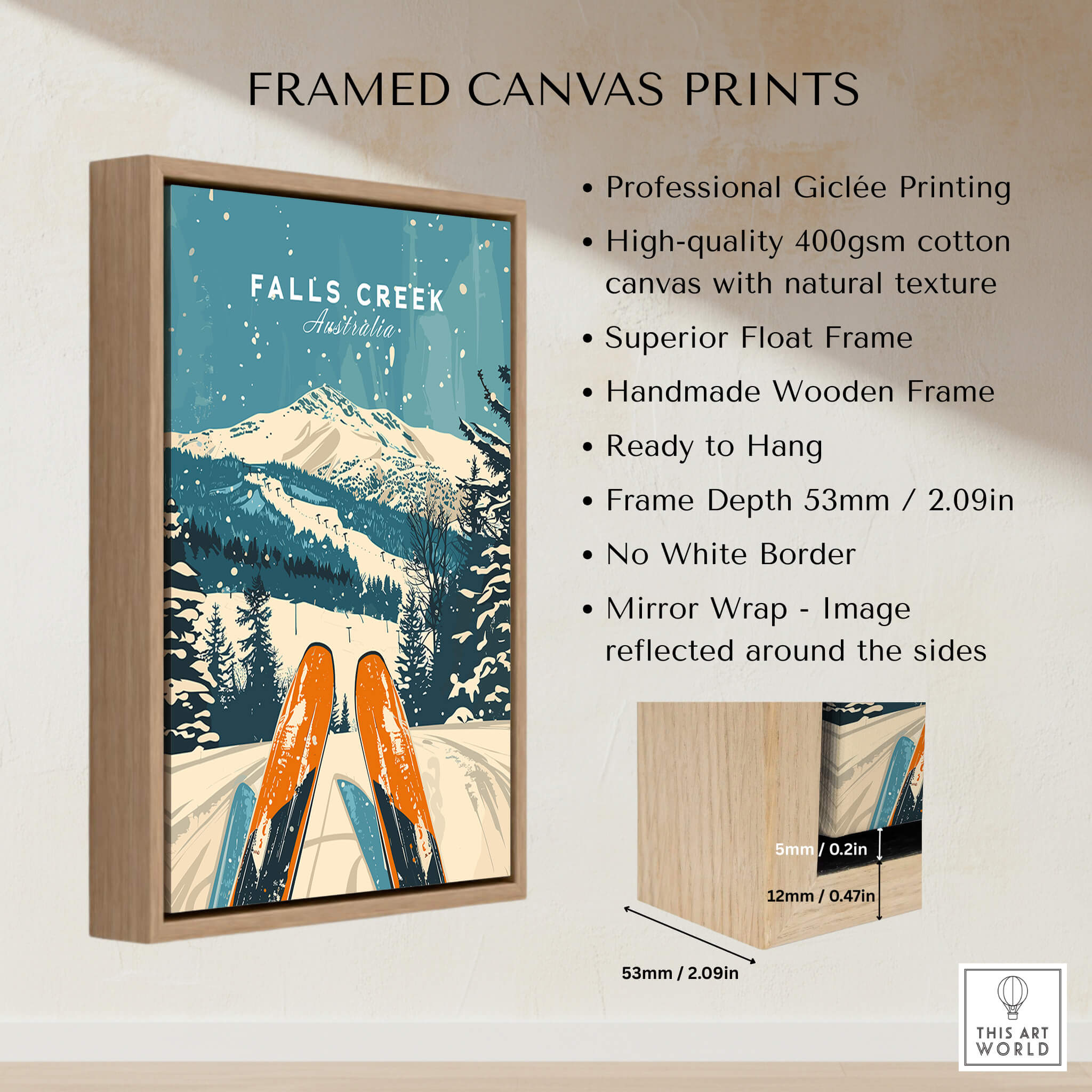 Framed canvas print of Falls Creek Wall Art featuring a ski scene, ready to hang with a handmade wooden frame.