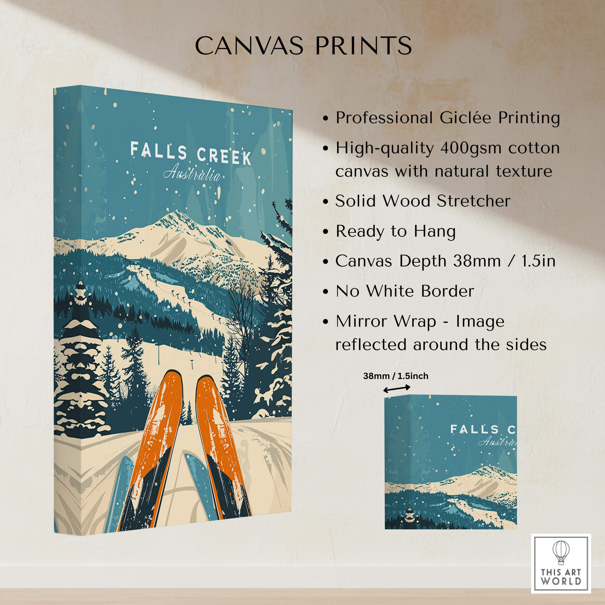 Falls Creek Wall Art featuring mountain scenery and ski design, perfect for home decor.