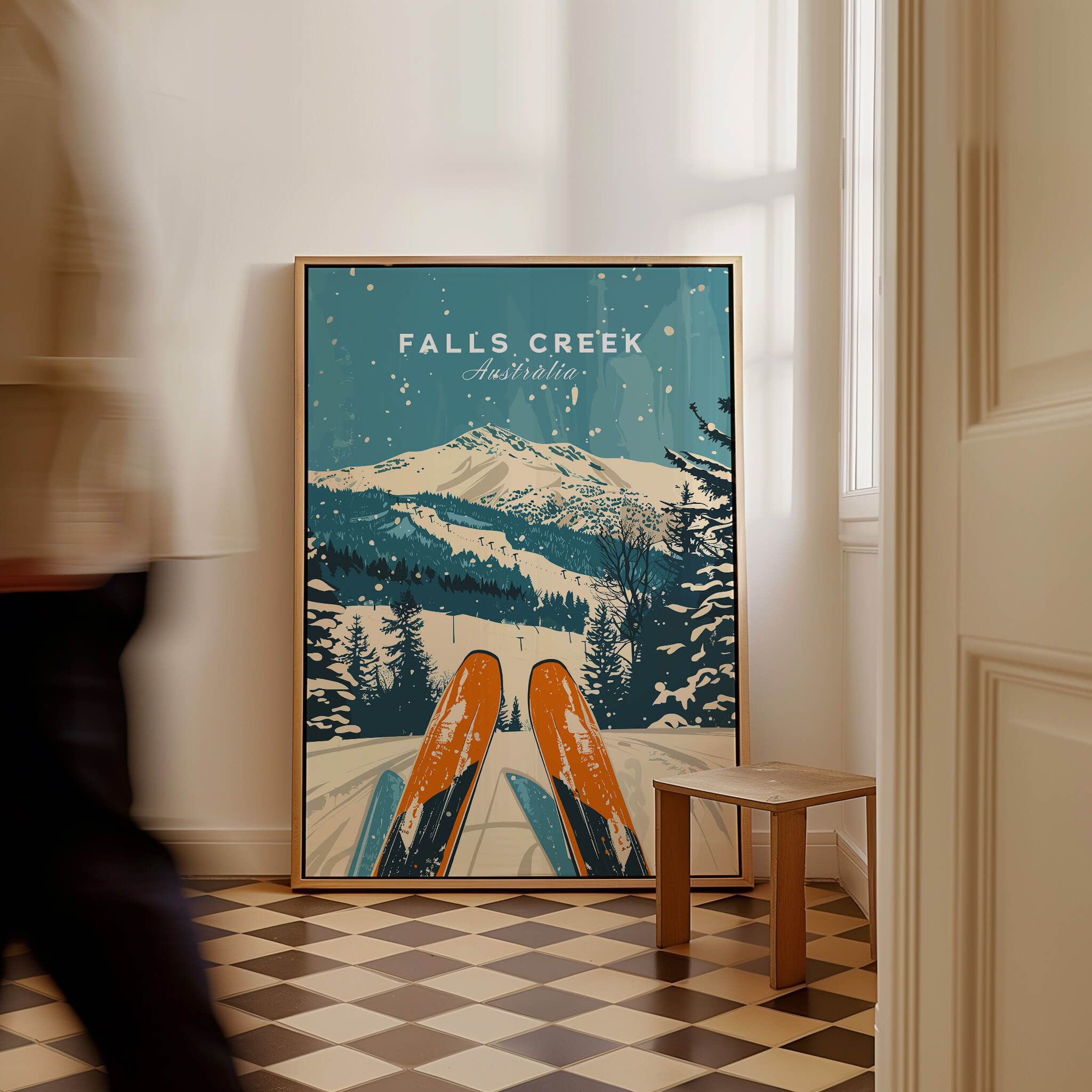 Falls Creek Wall Art ski poster featuring a snowy mountain landscape and colorful skis in a stylish room decor.