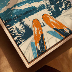 Falls Creek Wall Art featuring vibrant ski equipment on a snowy mountain backdrop, perfect for home decor.