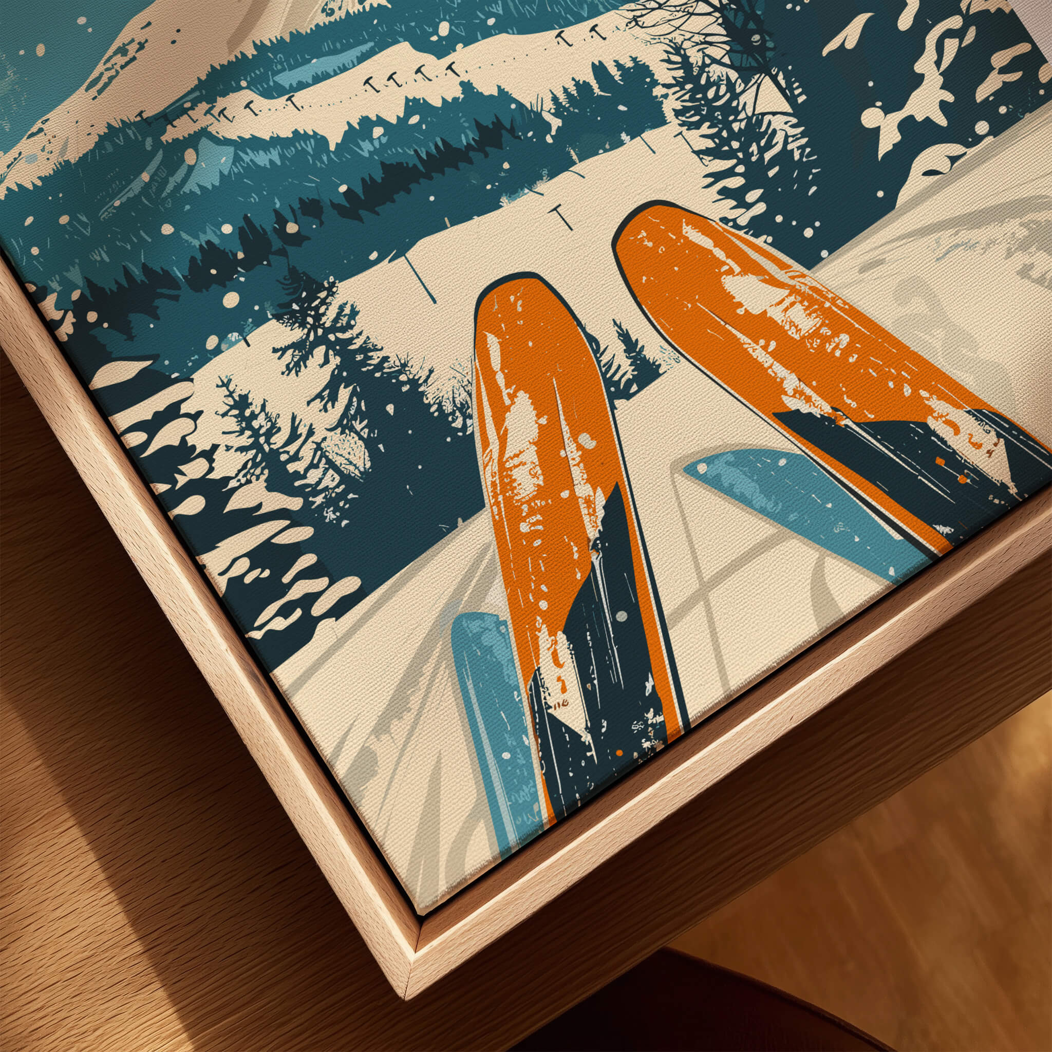 Falls Creek Wall Art featuring vibrant ski equipment on a snowy mountain backdrop, perfect for home decor.