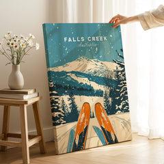Falls Creek Wall Art featuring colorful ski gear and a snowy mountain landscape in Australia.