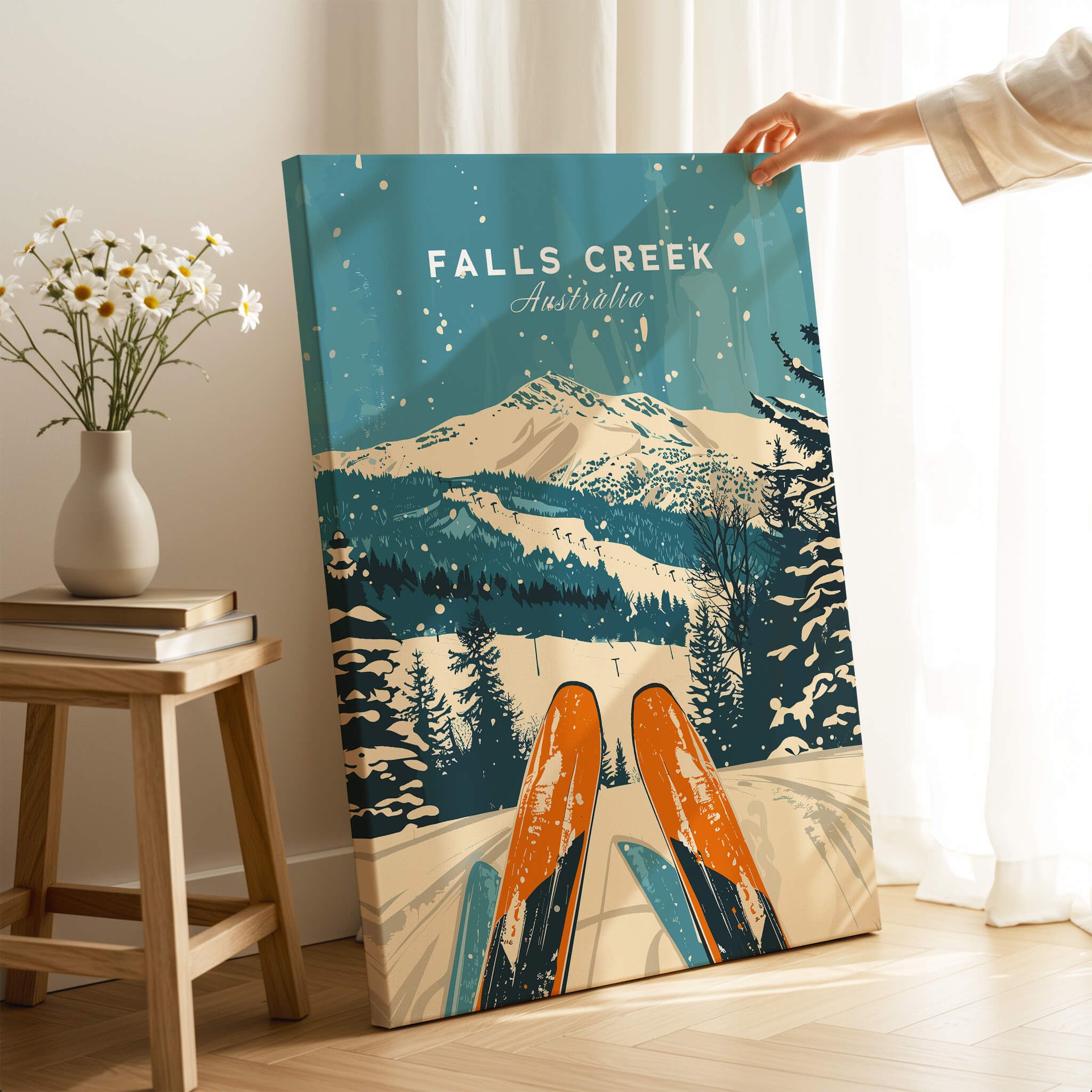 Falls Creek Wall Art featuring colorful ski gear and a snowy mountain landscape in Australia.