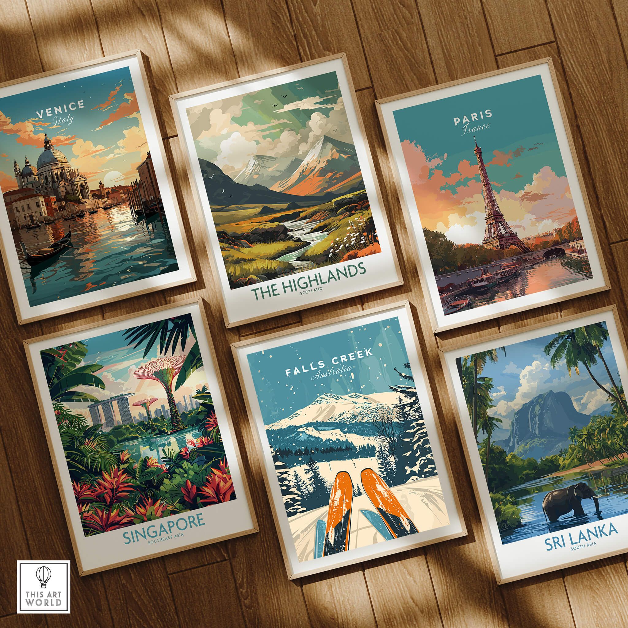 A collection of travel-themed wall art posters including Venice, The Highlands, Paris, Falls Creek, Singapore, and Sri Lanka.