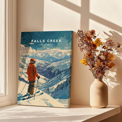 Falls Creek Print Australia ski poster featuring a skier on snowy mountains with a vase of flowers.