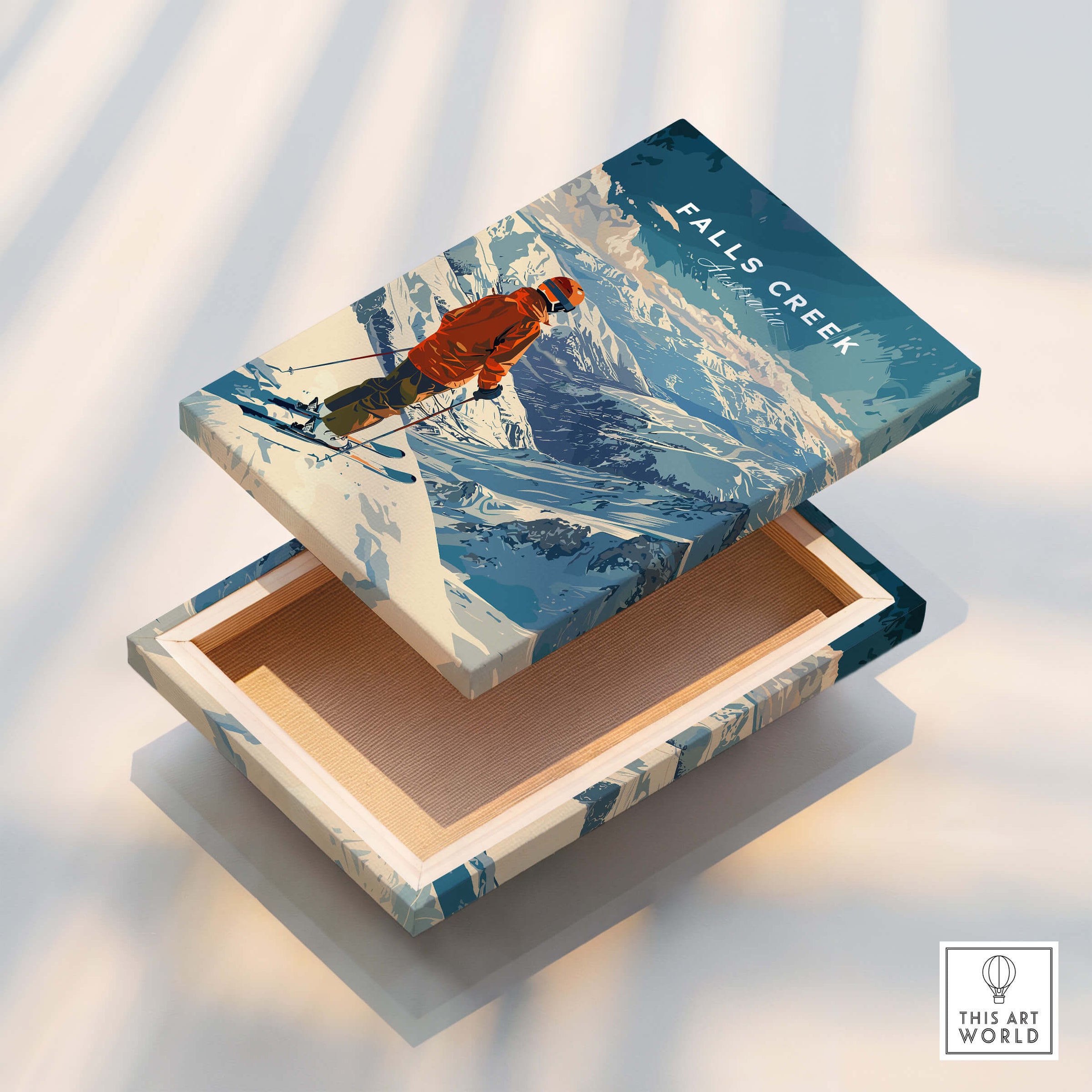Falls Creek Print Australia ski-themed art box featuring a skier in a snowy landscape.