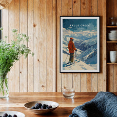 Falls Creek Print Australia ski poster on a wooden wall with stunning mountain view and decor