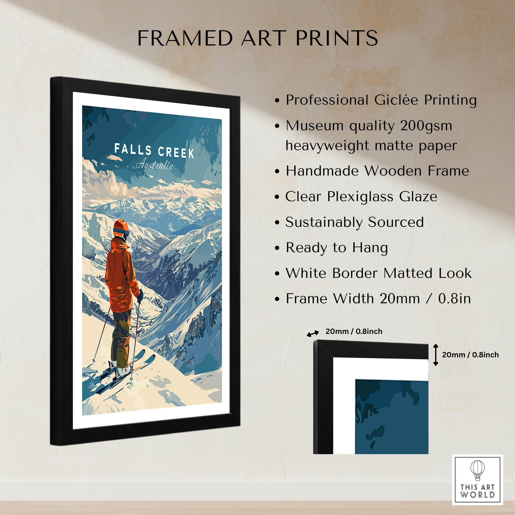 Falls Creek Print Australia framed art print showcasing skiing landscape with a professional finish and ready to hang design.