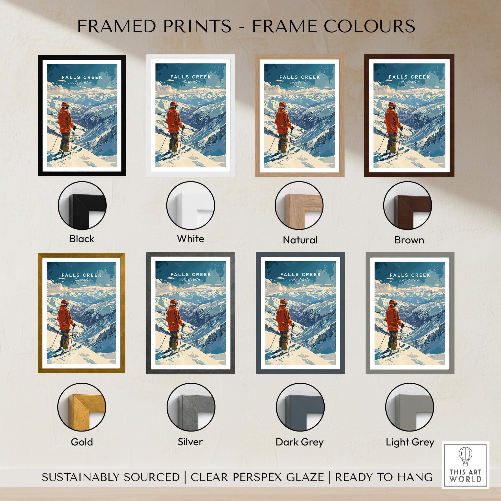 Framed prints showcasing frame colors for Falls Creek Print Australia ski poster options.
