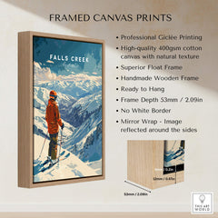 Framed canvas print of Falls Creek Print Australia featuring a skier in the mountains, showcasing vibrant colors and quality craftsmanship.