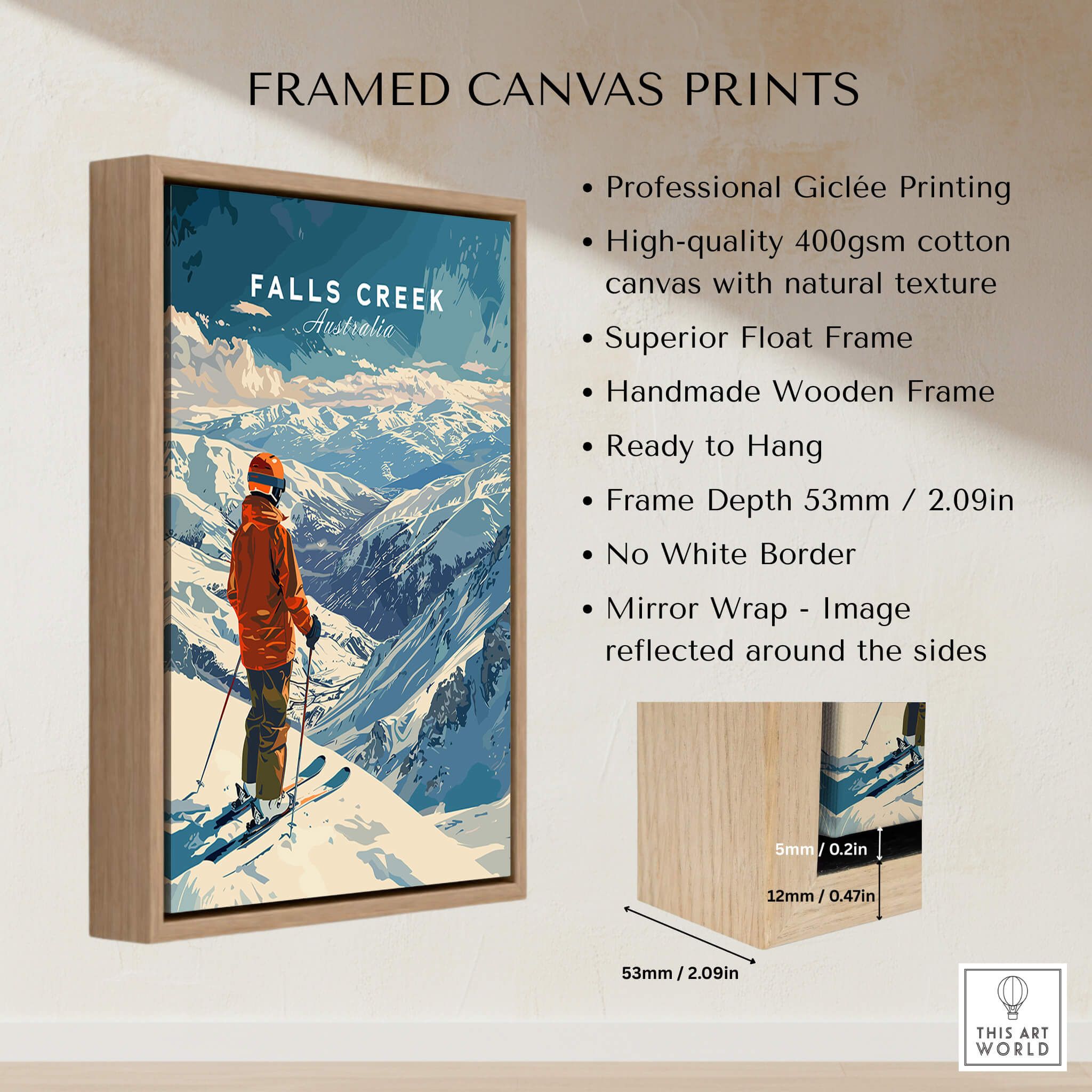Framed canvas print of Falls Creek Print Australia featuring a skier in the mountains, showcasing vibrant colors and quality craftsmanship.