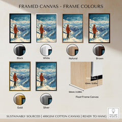 Framed canvas options for Falls Creek Print Australia ski poster in various colors including black, white, natural, brown, gold, and silver.