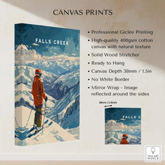 Falls Creek Print Australia ski poster featuring a skier amidst snowy mountains, perfect for home decor.