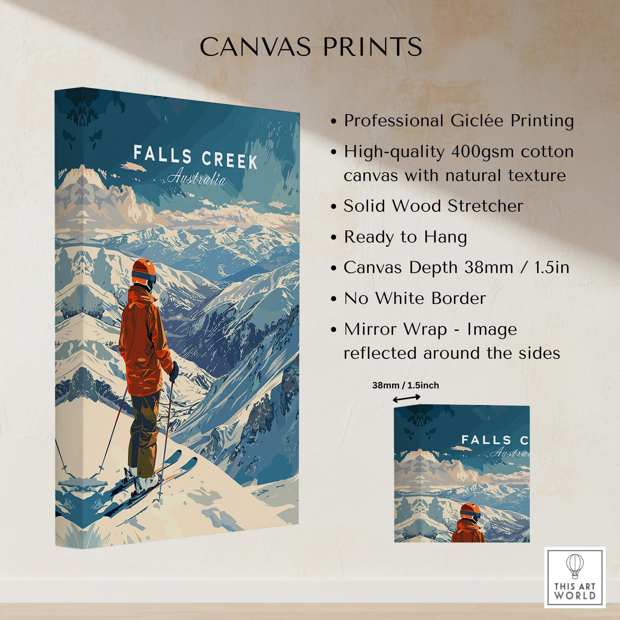 Falls Creek Print Australia ski poster featuring a skier amidst snowy mountains, perfect for home decor.