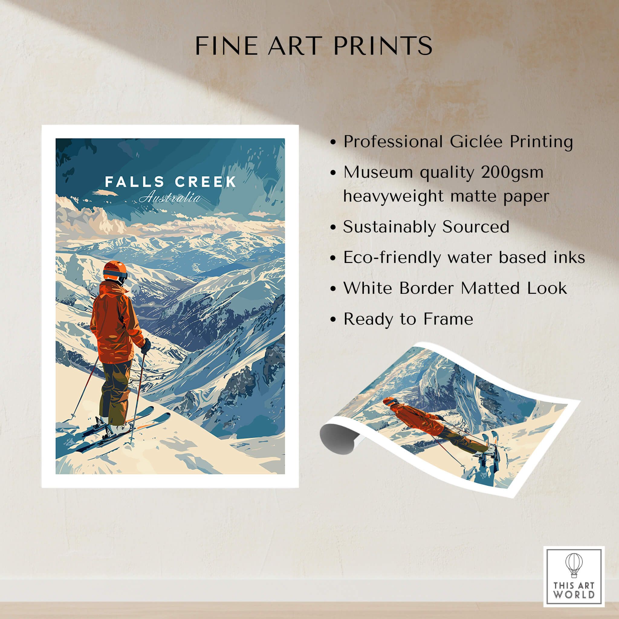Falls Creek Print Australia fine art print featuring a skier on a snowy mountain view.